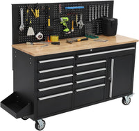 61-Inch Rolling Tool Chest, 10 Drawers Garage Workbench Storage Tool Cabinet with Power Strip, Solid Rubber Wood Top, 1675 LBS Load Mobile Workstation, Heavy Duty Rolling Cabinet