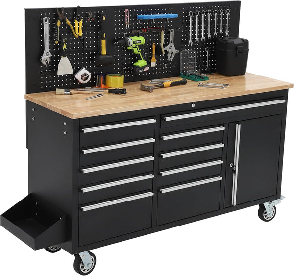 Rolling Tool Chest Built for Heavy-Duty Workshop Use, 10 Drawers, Solid Wood Top, 1675 LB Capacity, Power Strip