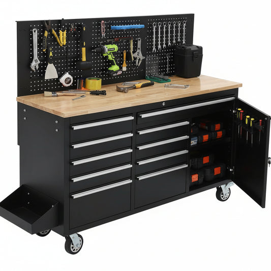 Rolling Tool Chest Built for Heavy-Duty Workshop Use, 10 Drawers, Solid Wood Top, 1675 LB Capacity, Power Strip