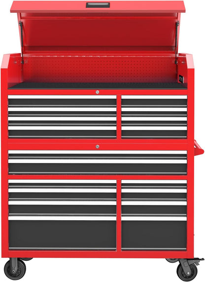 Tool Chest 18-Drawer | 66'' Large Rolling Tool Chest with Wheels | Detachable Top Metal Tool Box with Gas Struts | Lockable Rolling Tool Cabinet with Liners,Power Strip | Garage, Repair Shop, Workshop