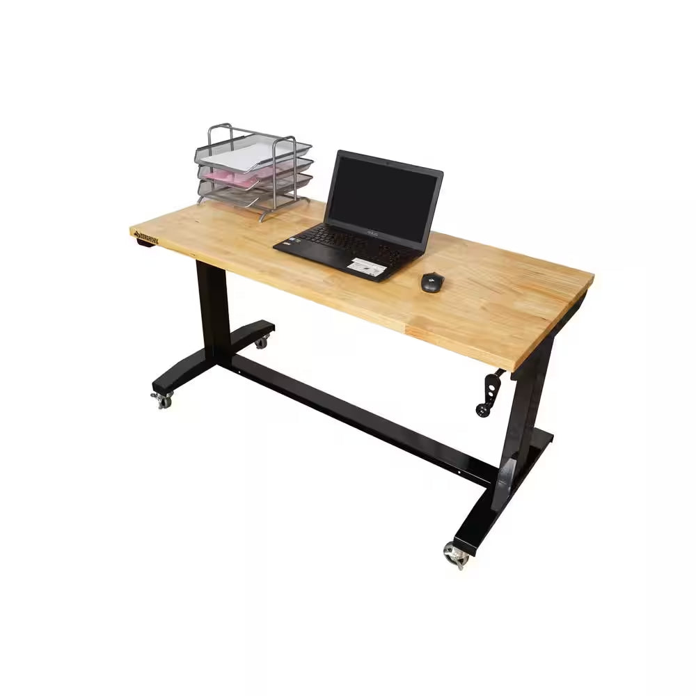 52 In. W X 24 In. D Adjustable Height Solid Wood Top Workbench Table in Black