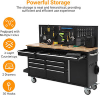 61-Inch Rolling Tool Chest, 10 Drawers Garage Workbench Storage Tool Cabinet with Power Strip, Solid Rubber Wood Top, 1675 LBS Load Mobile Workstation, Heavy Duty Rolling Cabinet