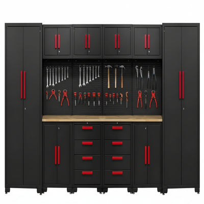 Garage Storage Cabinet System - 2 * 6-Pcs Workshop Set with Steel Cabinet Drawers, Tool Chest, Workbench, Pegboard for Tool Organization