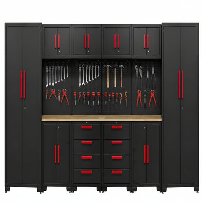 Garage Storage Cabinet System - 2 * 6-Pcs Workshop Set with Steel Cabinet Drawers, Tool Chest, Workbench, Pegboard for Tool Organization