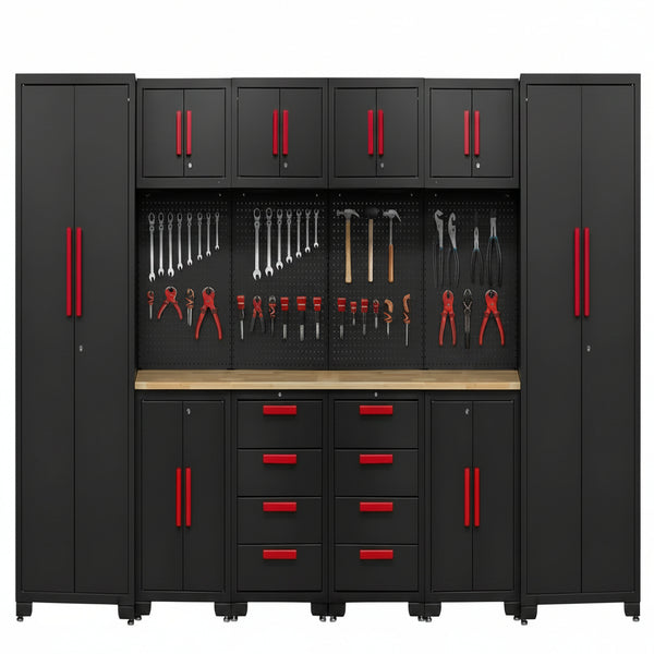 Garage Storage Cabinet System - 2 * 6-Pcs Workshop Set with Steel Cabinet Drawers, Tool Chest, Workbench, Pegboard for Tool Organization