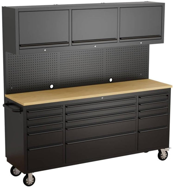 72-Inch Heavy Duty Tool Chest & Rolling Workbench with 15 Drawers, Wheels,3 Upper Cabinet& Pegboard, for Garage, Shop, Workshop Use,Black