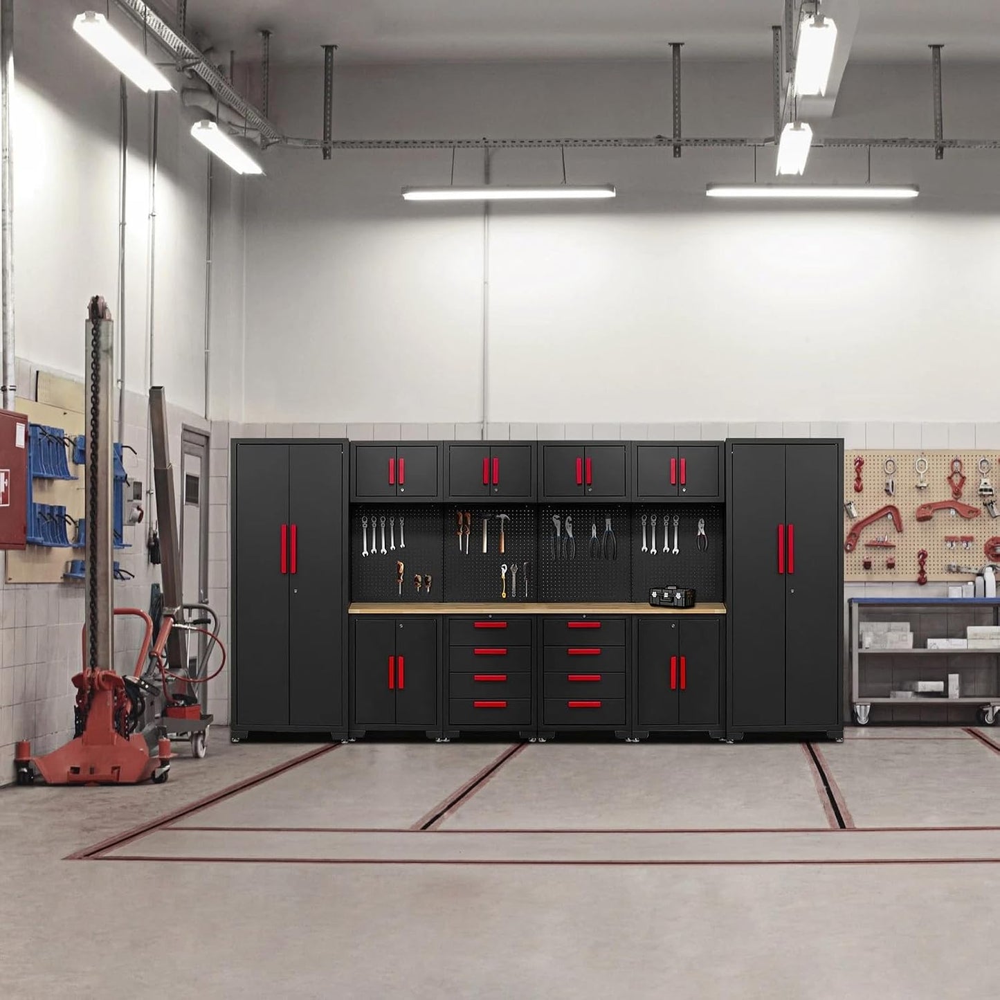 Garage Storage Cabinet System - 2 * 6-Pcs Workshop Set with Steel Cabinet Drawers, Tool Chest, Workbench, Pegboard for Tool Organization