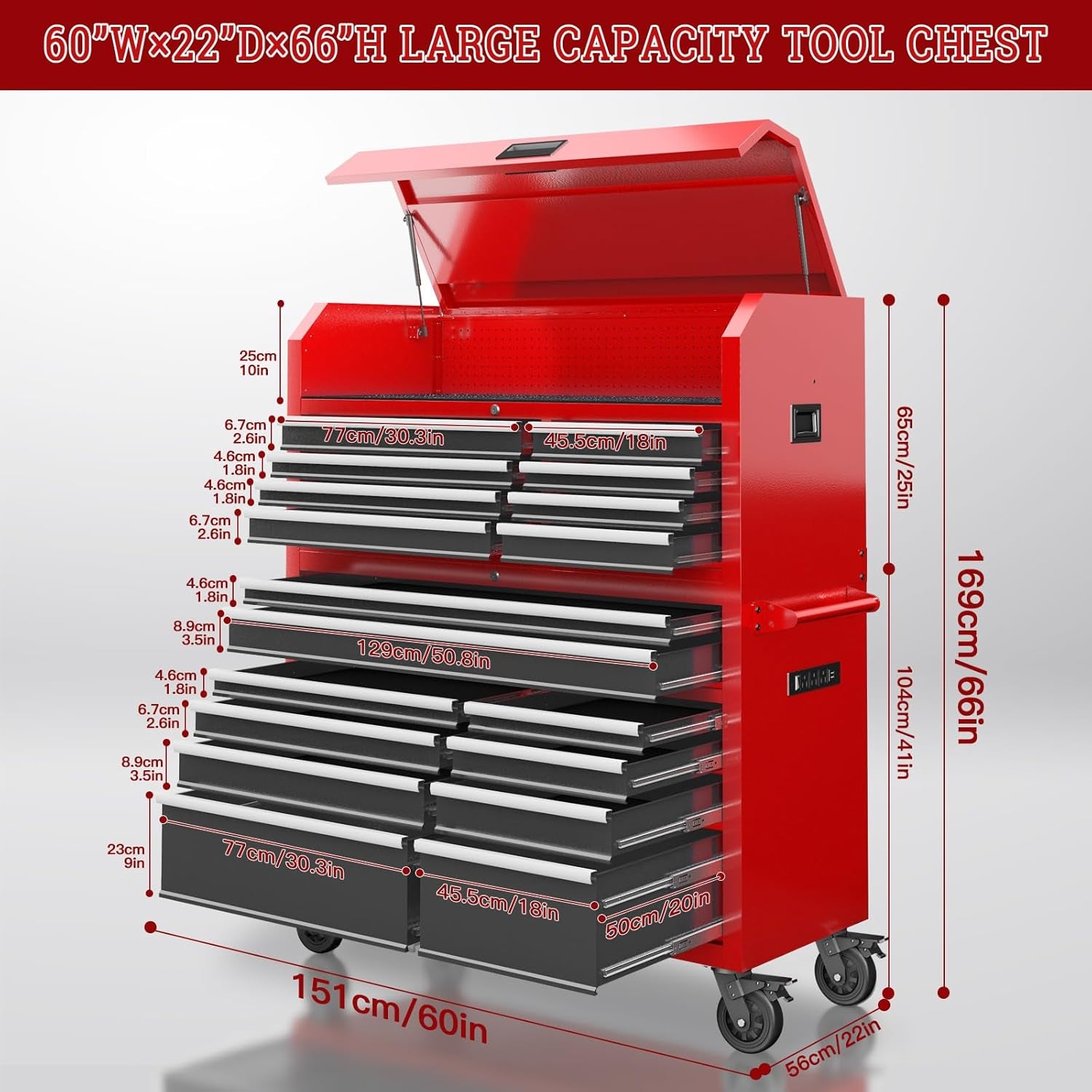 Tool Chest 18-Drawer | 66'' Large Rolling Tool Chest with Wheels | Detachable Top Metal Tool Box with Gas Struts | Lockable Rolling Tool Cabinet with Liners,Power Strip | Garage, Repair Shop, Workshop