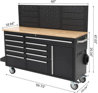 61-Inch Rolling Tool Chest, 10 Drawers Garage Workbench Storage Tool Cabinet with Power Strip, Solid Rubber Wood Top, 1675 LBS Load Mobile Workstation, Heavy Duty Rolling Cabinet