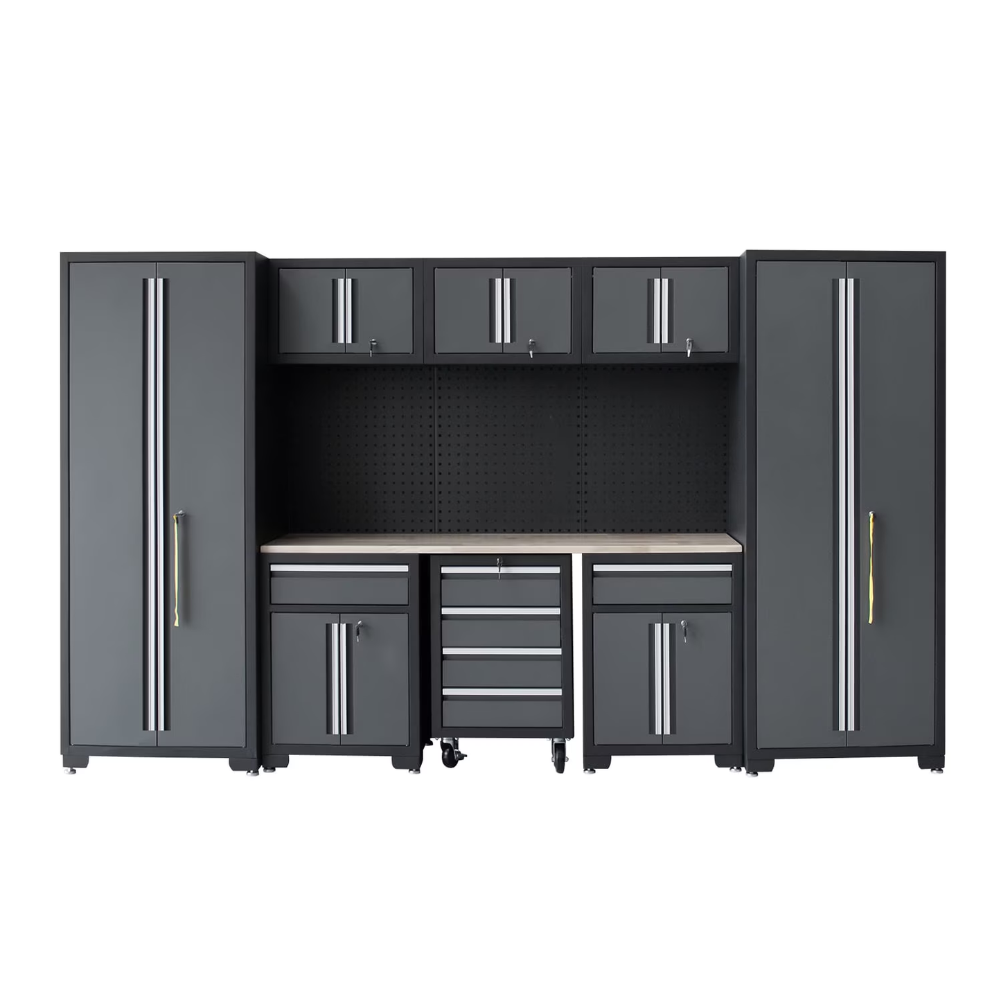 9-Piece Garage Shop Tool Storage Cabinet Set with Pegboard and Wooden Work Top 24 Gauge Steel Tool Chests & Garage Mounted Storage Systems - Black+Gray