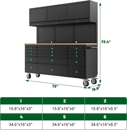 72-Inch Heavy Duty Tool Chest & Rolling Workbench with 15 Drawers, Wheels,3 Upper Cabinet& Pegboard, for Garage, Shop, Workshop Use,Black
