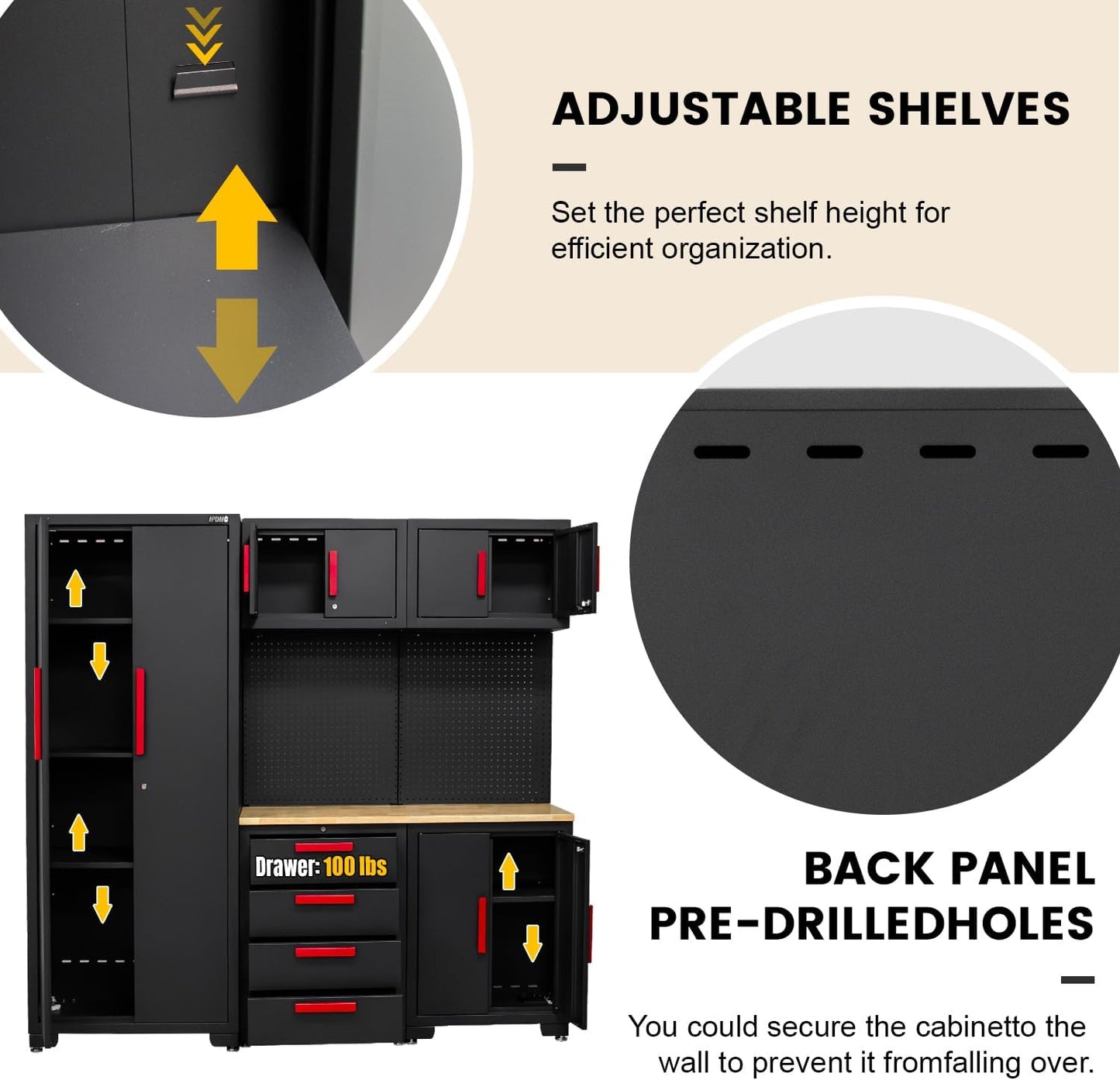 Garage Storage Cabinet System - 2 * 6-Pcs Workshop Set with Steel Cabinet Drawers, Tool Chest, Workbench, Pegboard for Tool Organization