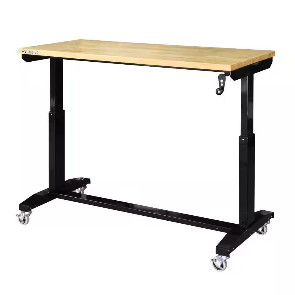 52 In. W X 24 In. D Adjustable Height Solid Wood Top Workbench Table in Black