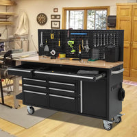 61-Inch Rolling Tool Chest, 10 Drawers Garage Workbench Storage Tool Cabinet with Power Strip, Solid Rubber Wood Top, 1675 LBS Load Mobile Workstation, Heavy Duty Rolling Cabinet